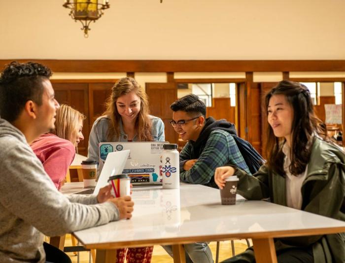 group of five students sitting in dryden hall